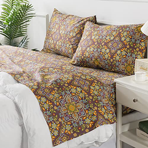 Fadfay Shabby Floral Sheets Set Queen Purple American Vintage Style Bed Sheet Antique Bohemian Bedding Exotic Luxury 100% Natural Cotton Soft Breathable Women Mandala Bedding Deep Pocket Fitted Sheet #TOP6