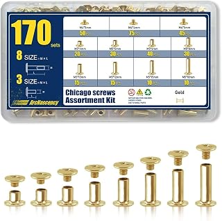 Chicago Screws for Leather, 170 Sets, 8 Post Sizes, M5 x 4-18 mm, Gold