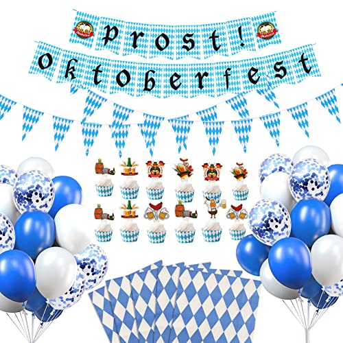 62pcs Oktoberfest Deko Set Dekoration, Bayrisch Wiesn Dekoration Bayern Deko Oktoberfest Deko, mit Bayrische Girlande + Oktoberfest TServiette + Kuchendekoration + XXL Oktoberfest Banner Cover