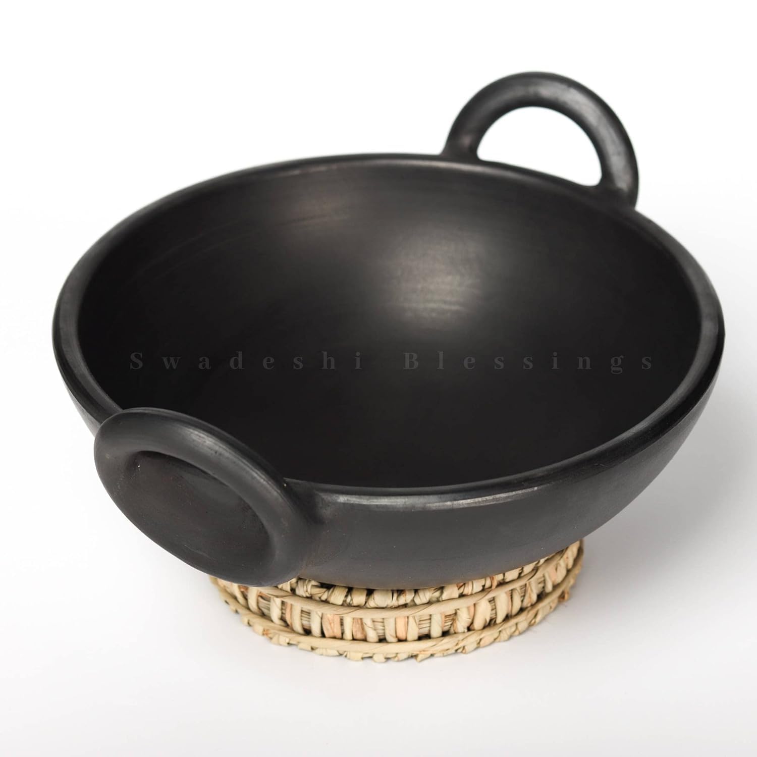 SWADESHI BLESSINGS Exclusive Range Unglazed Clay/Mitti/Earthen Kadai for Cooking, 1.8Liters (with Natural Firing Shade & Mirror Shine) + Free ASH for Cleaning (Black)