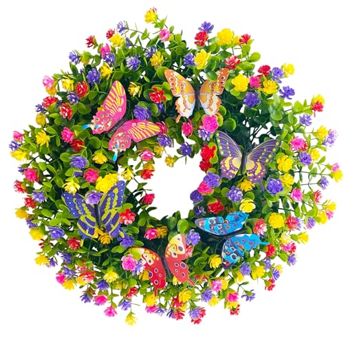 Eucalyptus Wreath for Front Door, Spring Summer Colorful Flowers Wreath, Lifelike Artificial Door Wreath Decoration for Farmhouse Wall Window Garden Farmhouse Décor (With Butterflies, 43CM)