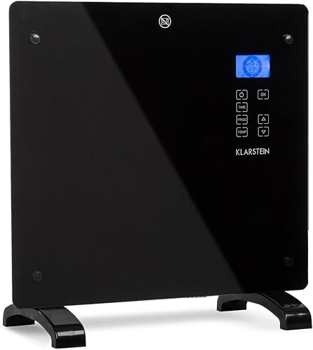 Klarstein Radiadores Bajo Consumo Electricos para Casa, Estufa Electrica de 1000W con Ruedas, Radiador Electrico Silencioso, Portátil y Delgado, Estufas con Panel para Pared, Pantalla y Termostato