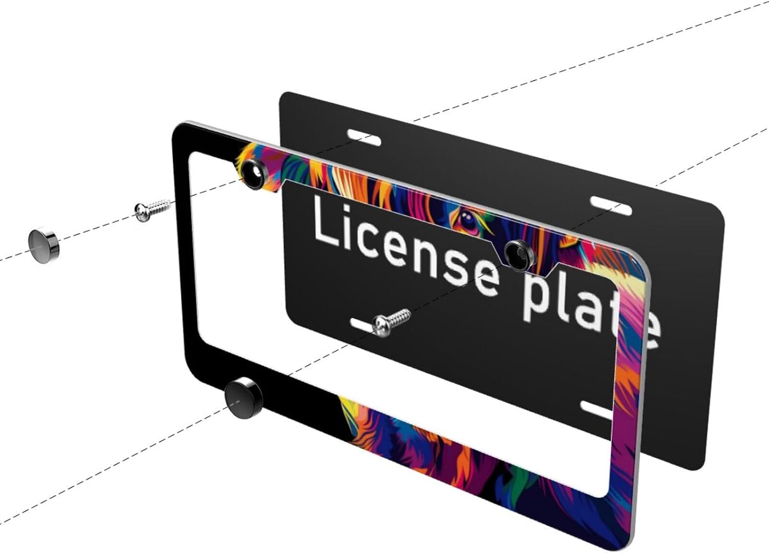 Colorful Highland Cow Matte Aluminum License Plate Frame with Black Screw Caps，2pcs 2 Holes Black Licenses Plates Frames,Car Licenses Plate Covers Holders for Us Vehicles/Women/Men