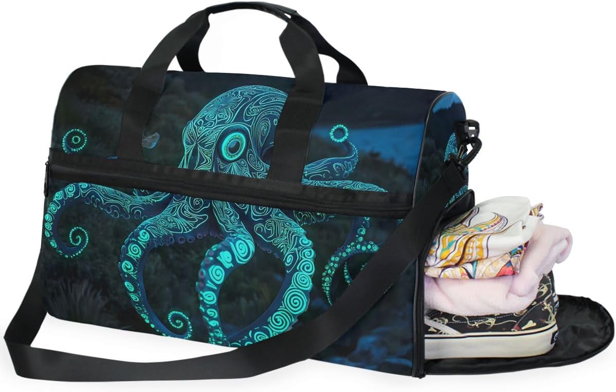 Blue Watercolor Octopus Travel Duffel Bag Luggage Sports Gym Bag With Shoes Compartment Large Capacity Lightweight Duffle Bag For Men Women