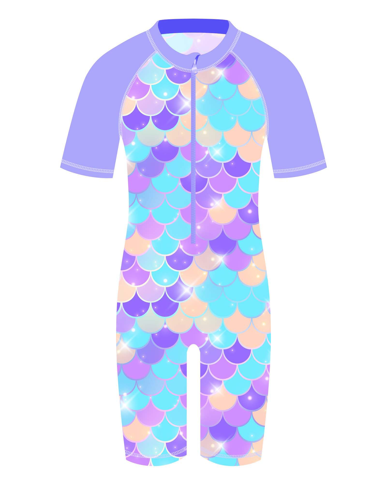 TFJH E 1PCS Girls Short Sleeve Swimsuits UV 50+ Bathing Suits Sunsuits Zipper 2-14Y