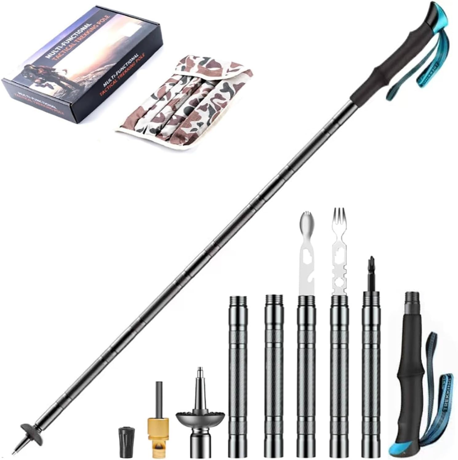 Trekking Pole Tactical Walking Stick, Multifunctional Lightweight Aircraft Aluminum Collapsible Survival Hiking Pole with Storage Bag for Women Men Seniors Camping Backpacking