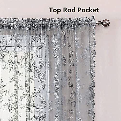 Deeprove Lace Curtains 96 Inches Long 2 Panels Set, Grey Sheer Victorian Accent Florals Embroidery Antique Vintage Window Panel Treatment Pair Ruffled Drapes For Bedroom, Rod Pocket, W57 X L96 #TOP3