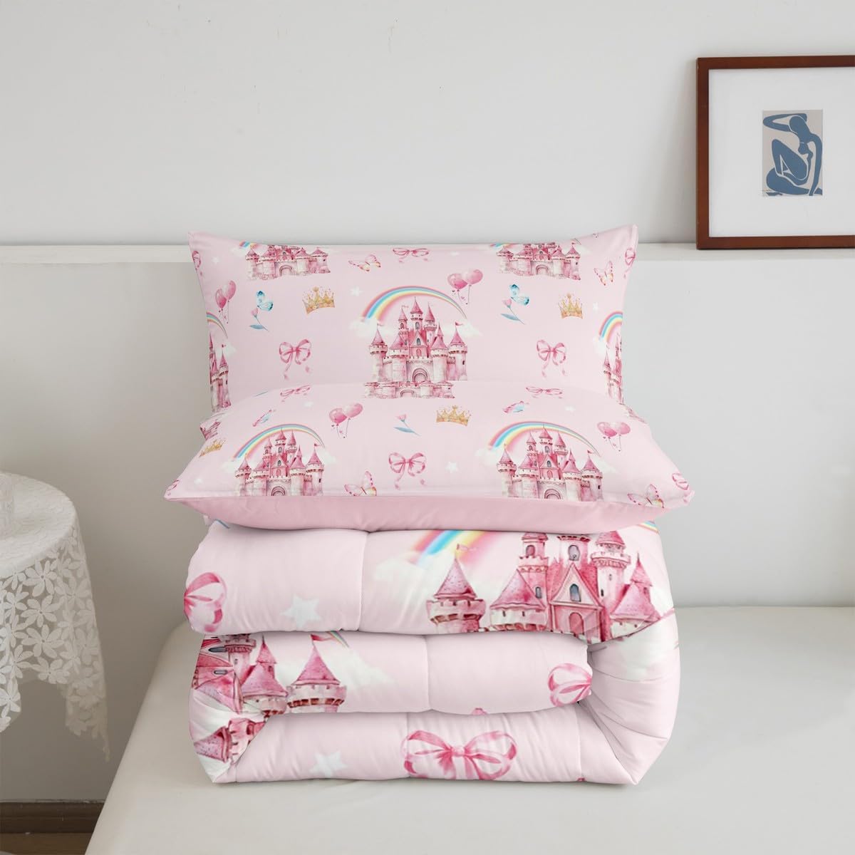 jejeloiu Pink Castle Bedding Set King Size Cute Rainbow Comforter Set for Kids Adult Boys Girls Butterfly Crown Duvet Set Balloon Quilt Set 3Pcs