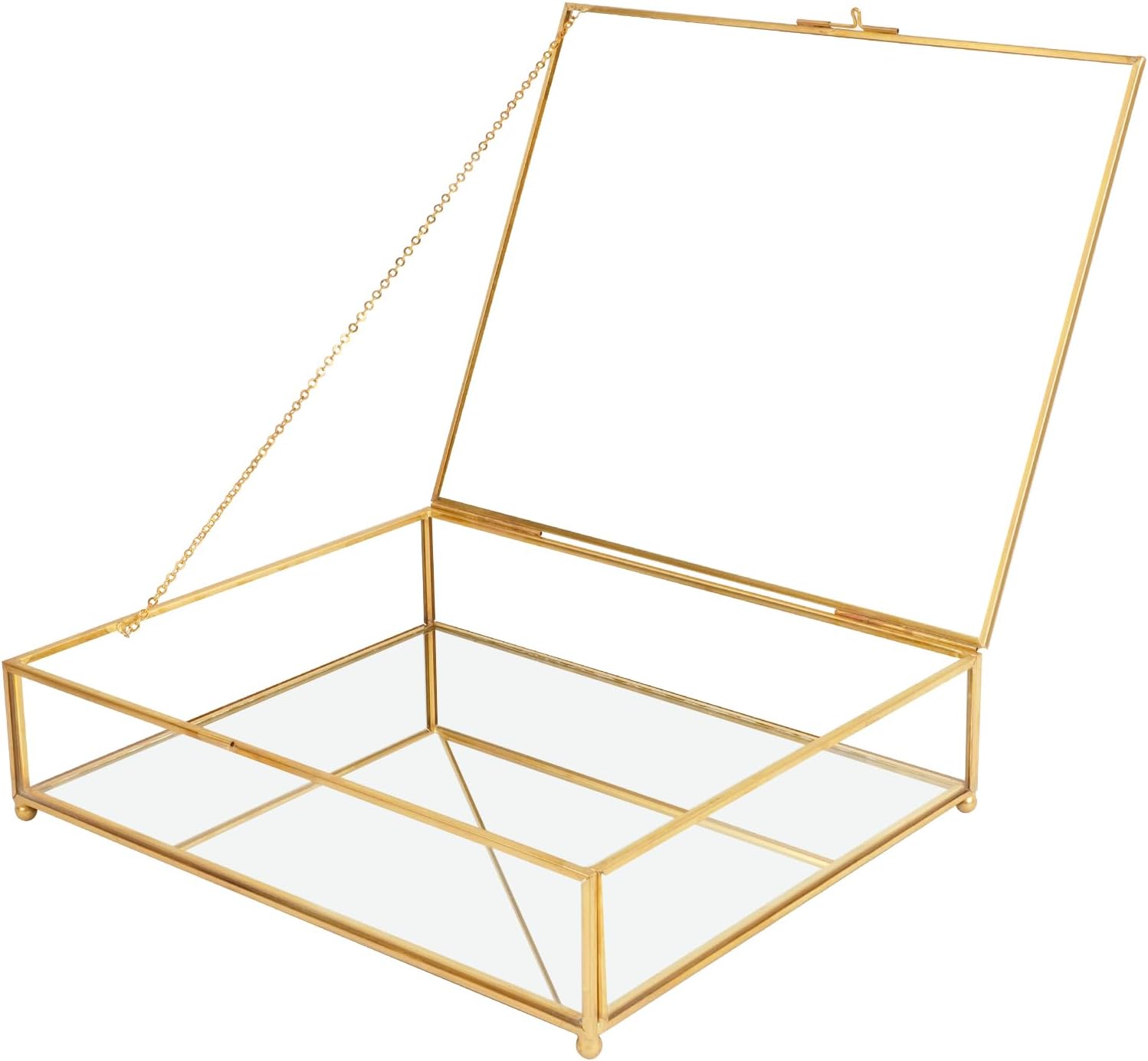Large Glass Display Boxes for Display, Handmade Vintage Glass Jewelry Box with Lid Mirrored Bottom Keepsake Trinket Box for Book, Photos, Card Vanity Decor (Gold, 10.4x8.5x2.5in)