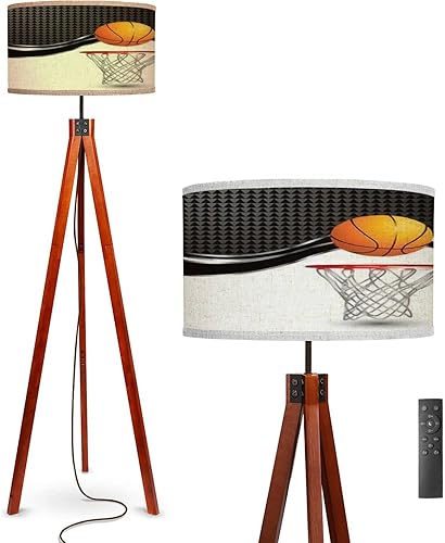 Lámpara de pie de aro de baloncesto en onda a cuadros, patas de madera maciza, lámpara alta moderna con trípode con pantalla de lino para sala de