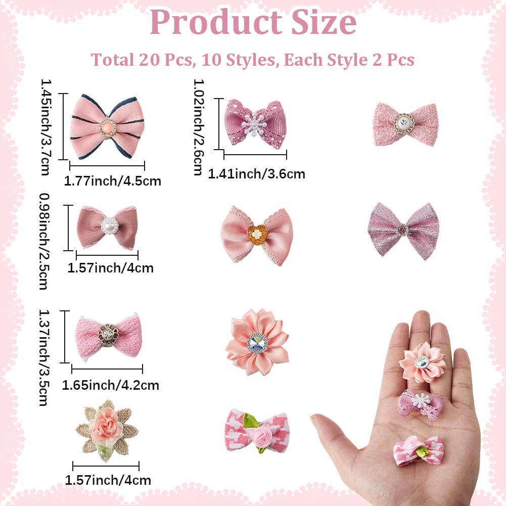 CREATCABIN 20Pcs 10 Styles Pink Dog Bow Clips Small Pet Hair Bows Cloth Rhinestone Pearls Gooming Flower Ball Puppy Handmade Bowknot Ties with Rubber Hoop for Furry Cats Dogs Pets Hair Accessories - Image 2