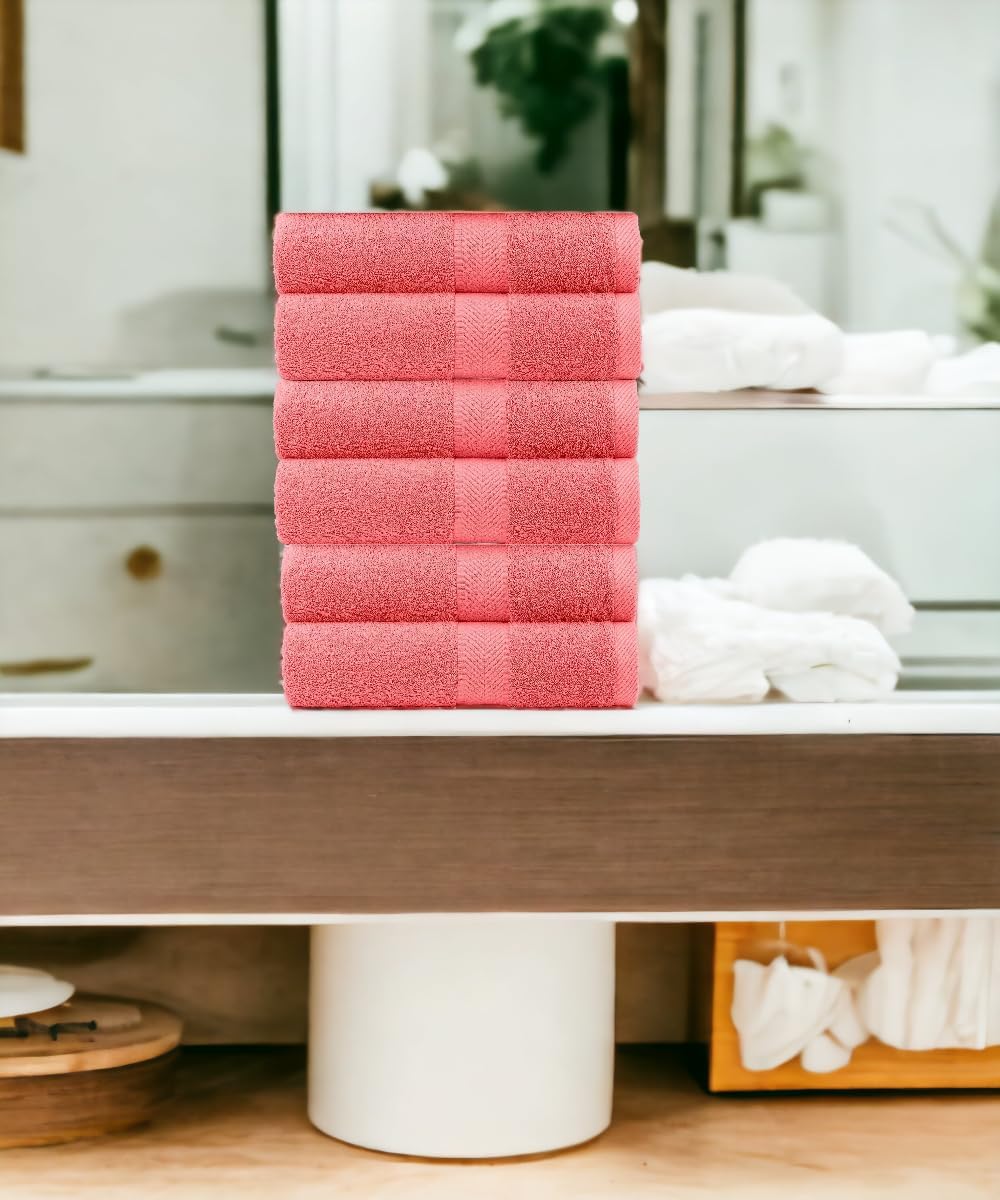 BY LORA Hand Towel Set Soft Cotton Water Absorbent Towel, Set of 6, Coral