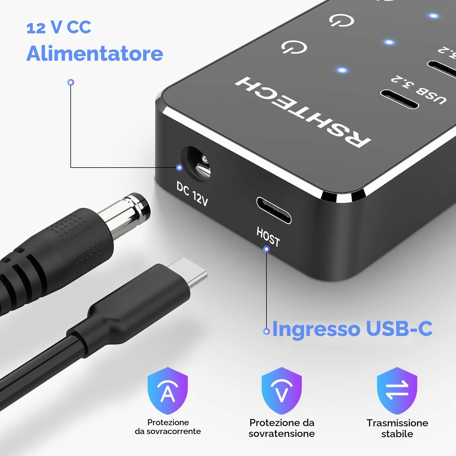 Hub USB alimentato, RSHTECH 10 porte USB 3.2/USB C Hub 60 W con USB-A 3.2 da 10 Gbps, 2 porte USB-C 3.2, 7 porte USB 3.0, interruttori touch individuali e cavo da 1 m, splitter USB ibrido per laptop