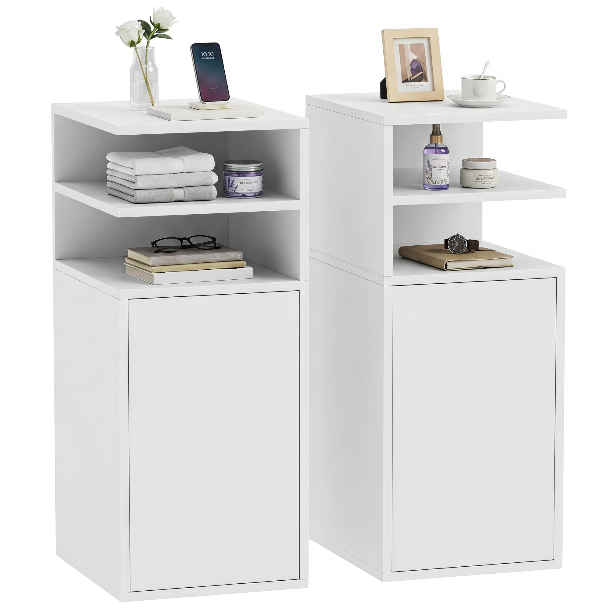 HOMCOM Slim Bedside Table Set of 2 with Open Cubbies 30 x 25 x 60 cm White