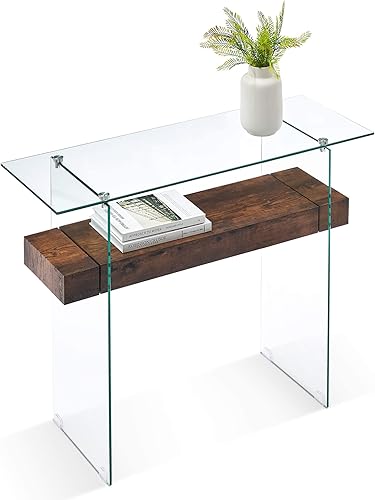 ivinta Mesa consola de cristal estrecha con almacenamiento, mesa de sofá moderna para espacios pequeños, mesa de entrada con estantes marrón oscuro,