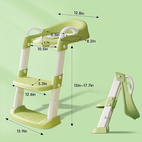 Miniatura 4 de Silla para ir al baño, asiento de inodoro con escalera para niños y niñas pequeños, asiento acolchado suave para entrenamiento de orinal (verde)