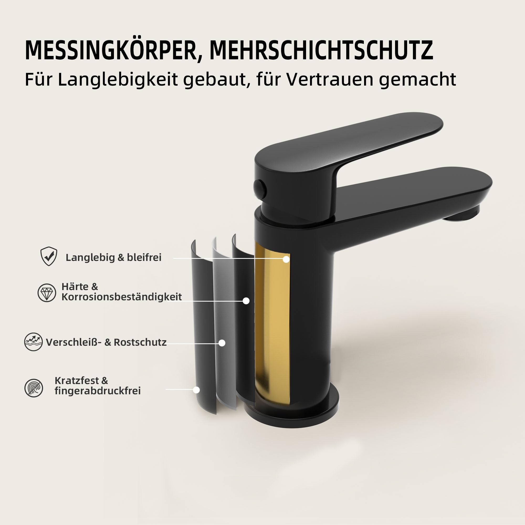 BELZ Schwarz Wasserhahn Bad,Einhebel Waschtischarmatur 85mm | Einfache G3/8 Einlochmontage,Inklusive flexibler Schläuche.Leise,Messing,Rostfrei, pflegeleicht & dicht