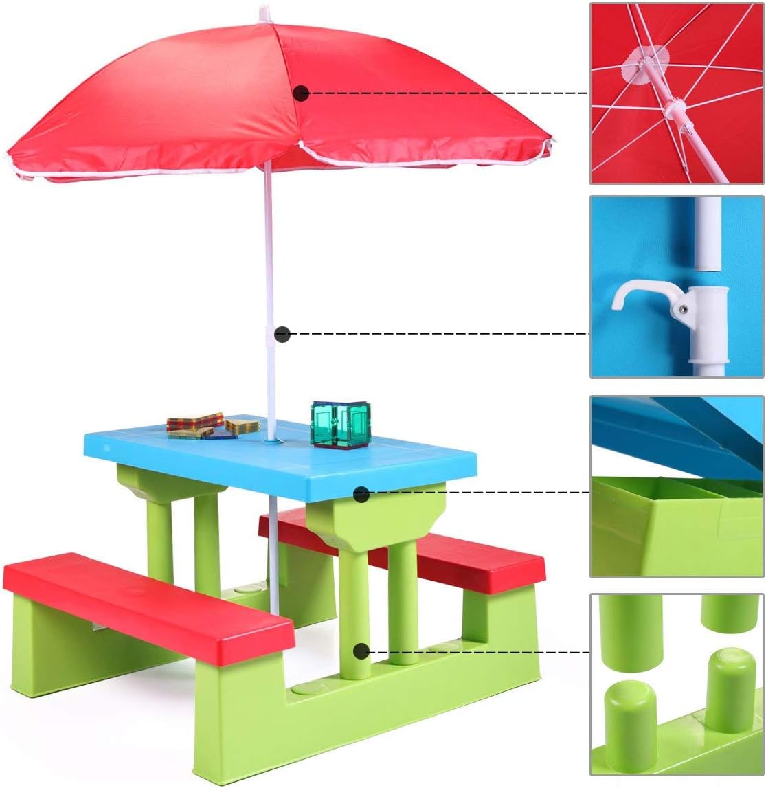 Kids PicnicTable Set Folding Outdoor Children Set Rainbow Bench w/Umbrella