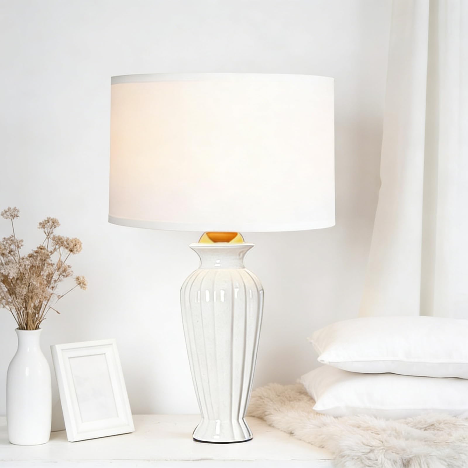 Amy&Lucky Bedside Table Lamps for Living Room, 3 Way Dimmable Ceramic Table Lamp for Bedroom，Farmhouse,Vintage Led Desk Lamp with White Fabric Shades (1, M)