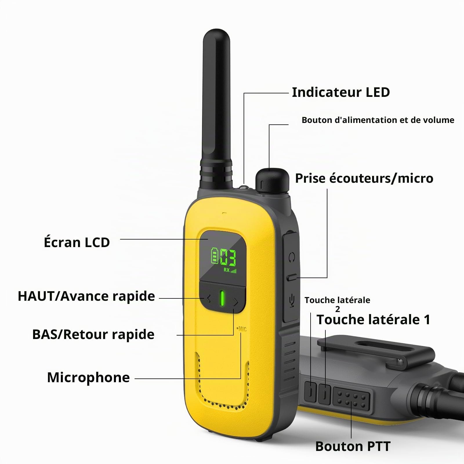Radioddity PR-T3 Talkie Walkie, Rechargeable Takie-Walkie Longue Portée, 16 Canaux avec VOX, Lampe Torche, Casque, Chargement USB pour Camping, randonnée (Orange/Jaune)