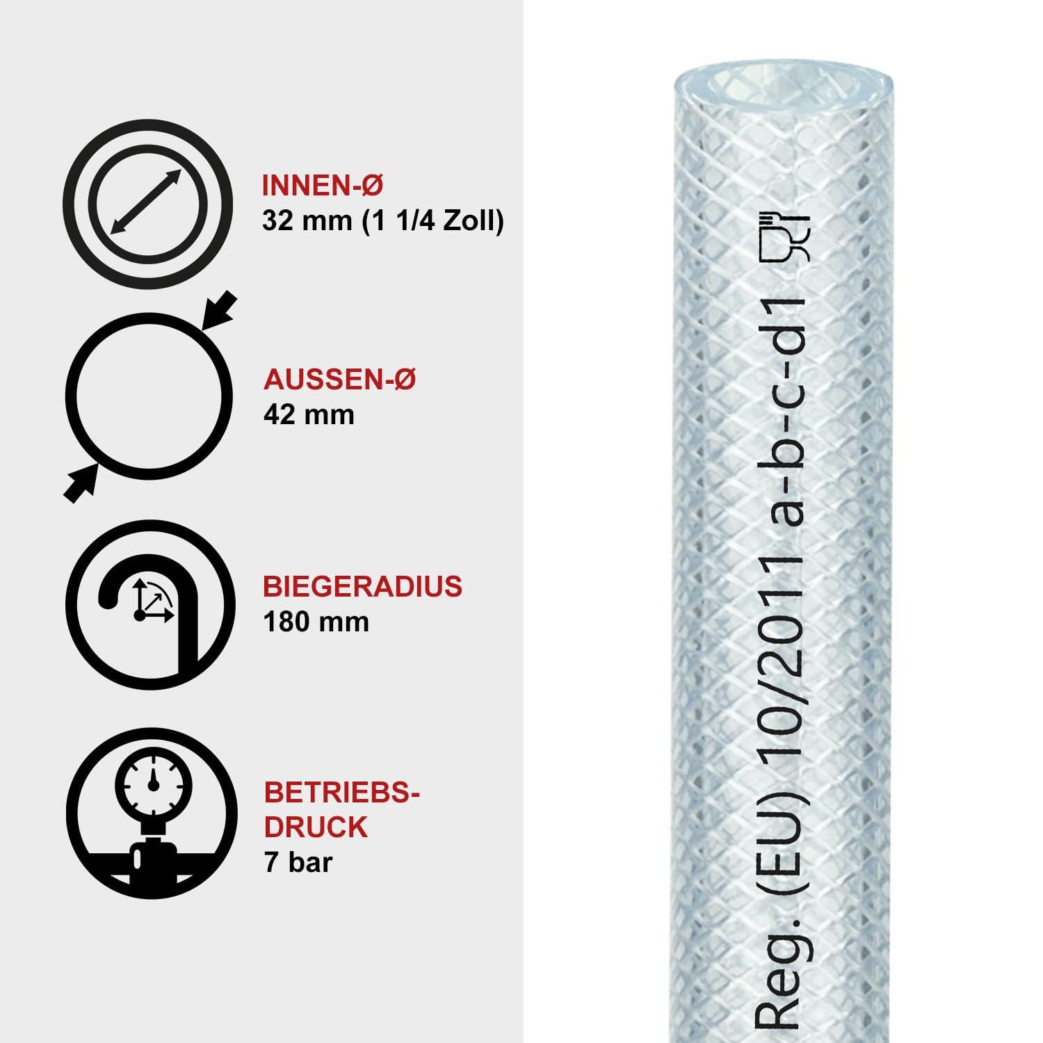 FLEXTUBE TX Ø 32mm x 5mm (1 1/4 Zoll), 10m lang PVC Schlauch mit Gewebe, Lebensmittelecht durchsichtig flexibel Druckschlauch Druckluftschlauch Lebensmittelschlauch Wasserschlauch Luftschlauch