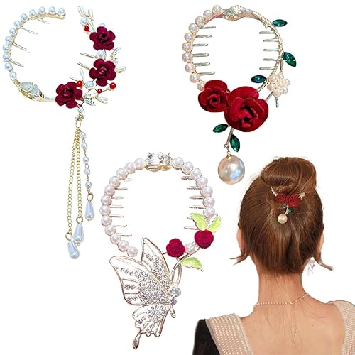 3 piezas de accesorios vintage para el cabello con perlas y rosas, pinzas para el cabello con flores rojas, horquillas antideslizantes con purpurina
