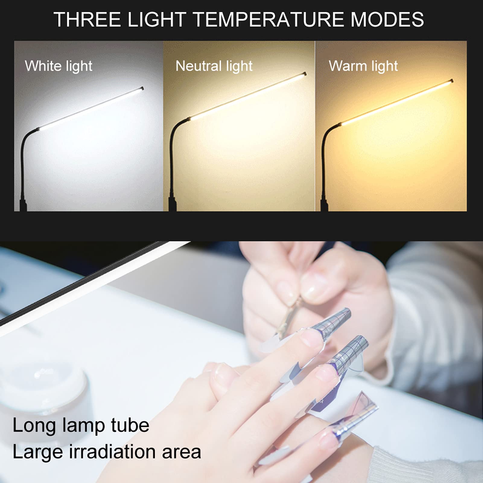 Lampada a Clip a LED Pieghevole a Braccio Lungo Lampada di Bellezza Lampada Per Unghie Lampada da Ricamo Lampada da Tavolo con Clip Lampada da Scrivania Colore Dimmerabile Regolabile