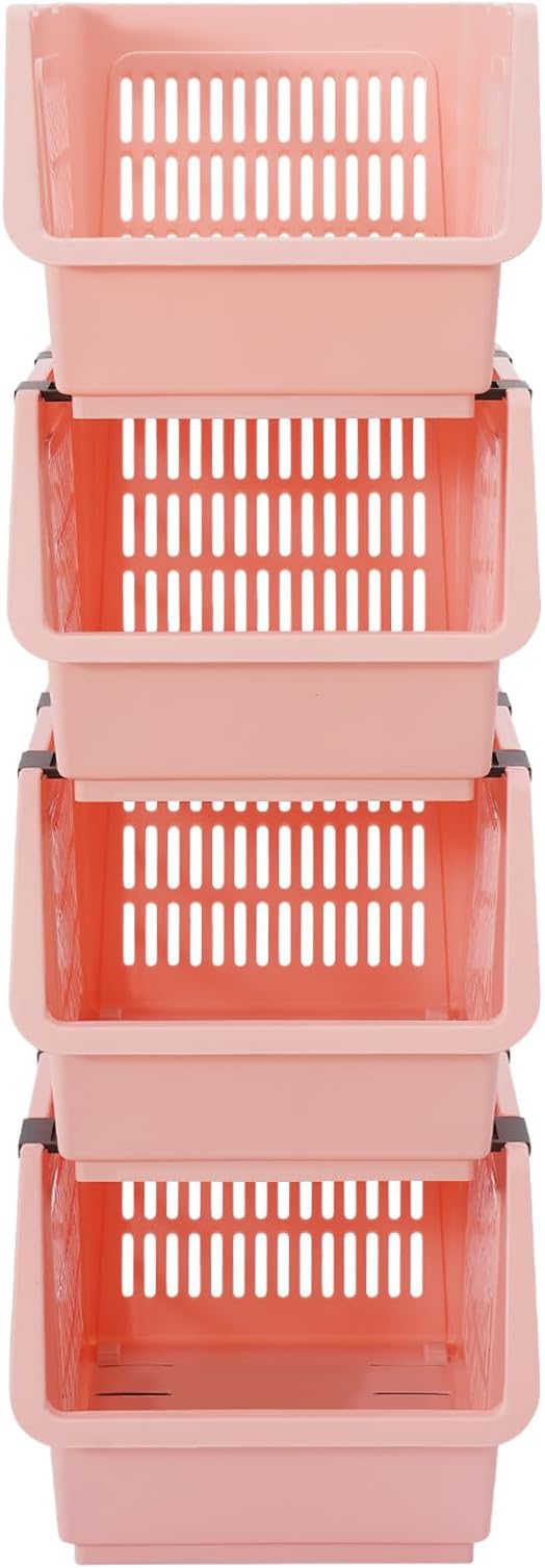 4 Pack Stackable Storage Baskets with Handles, Collapsible Organizing Bins for Kitchen, Pantry, Bathroom, Nursery, Closet, Office – Foldable Stackable Bins (Pink)