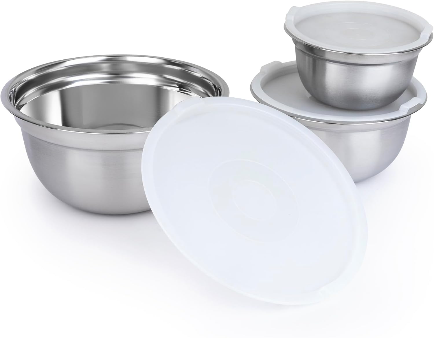 3-Piece Stainless Steel Mixing Bowl Set with Lids – Durable Bowls Dishwasher Safe, Silver