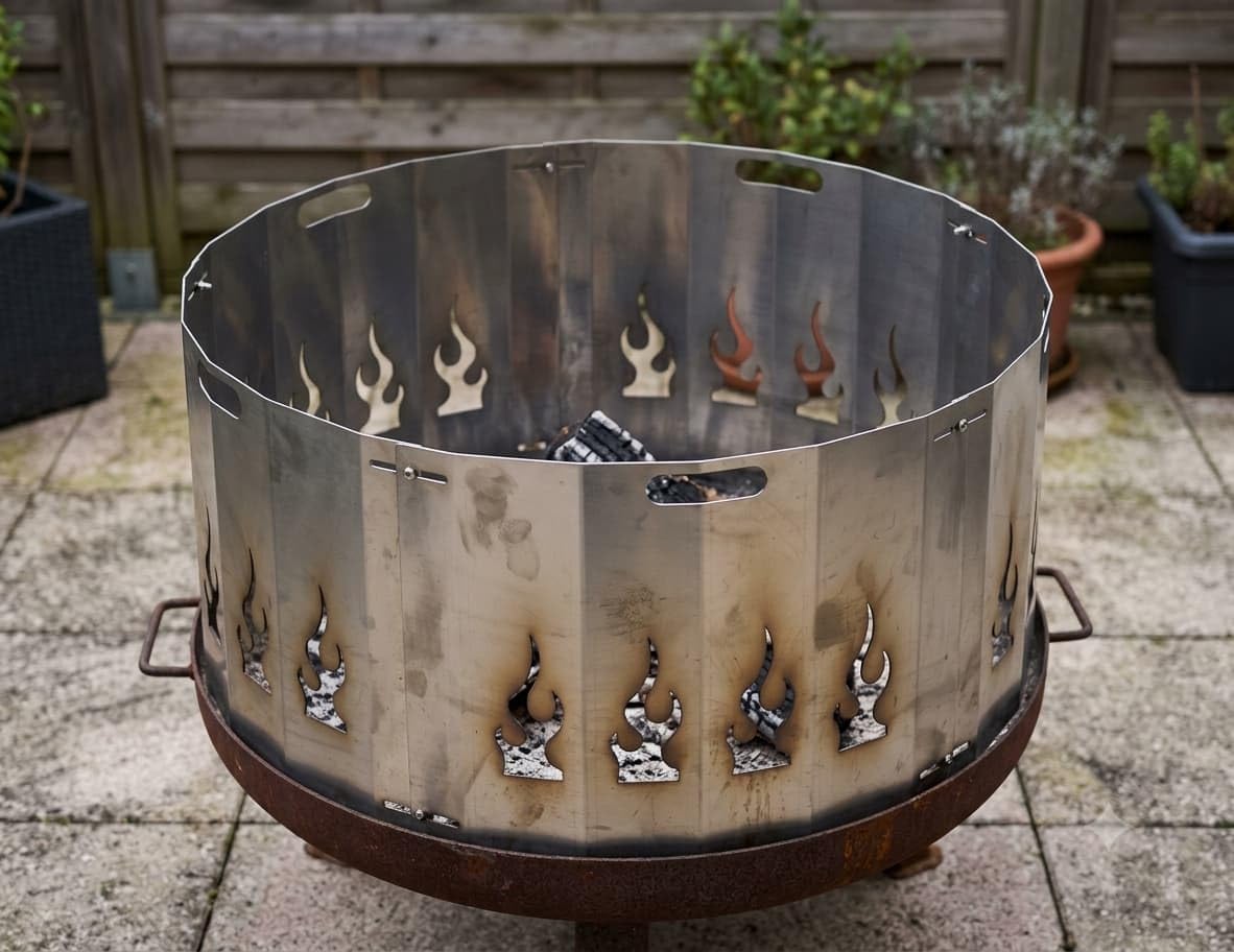 Feuerschale 79 cm mit Funkenschutz Set - Stahl-Feuerschale mit 3 Beinen und Funkenring Flammenmotiv - Unbehandelter Stahl, ca. 12 kg - Garten, Terrasse, Gastronomie - Favilla
