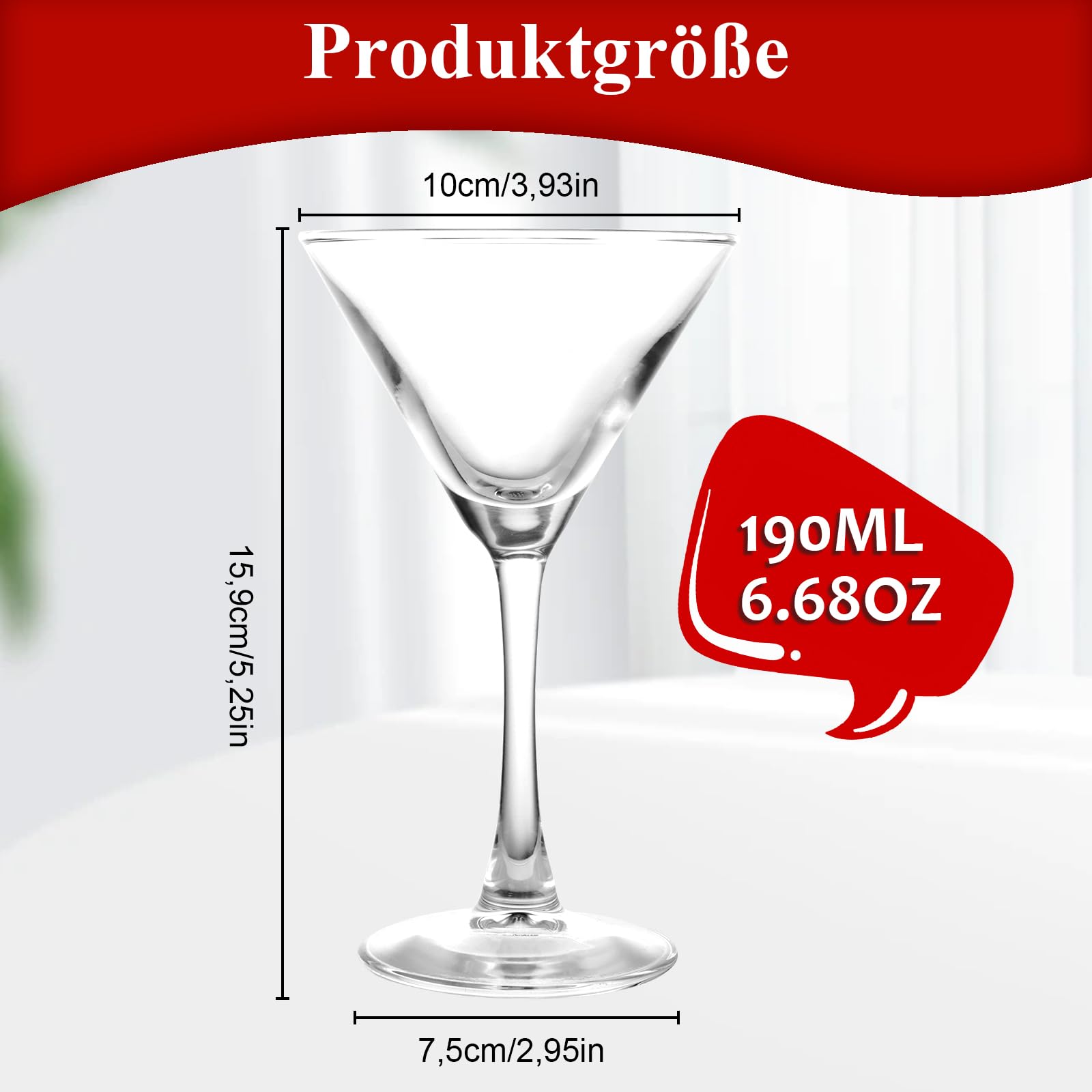 CYEER Lot de 6 Verres à Martini 190ml, Verres à Cocktail Élégants en Cristal Sans Plomb, Forme en V Classique pour Espresso Martini, Cosmopolitan et Manhattan, Résistants au Lave-Vaisselle