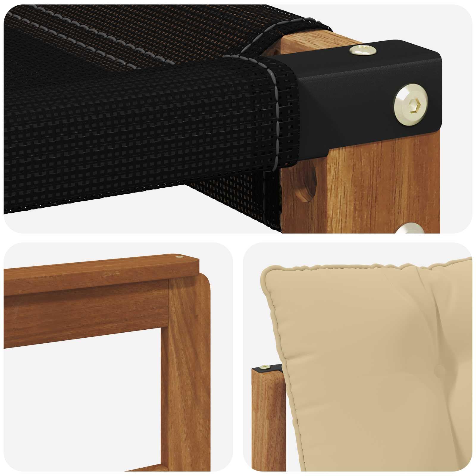Divano modulare da esterno in legno massello di acacia, set da 3 pezzi con cuscini in colore naturale e beige, per terrazza e giardino