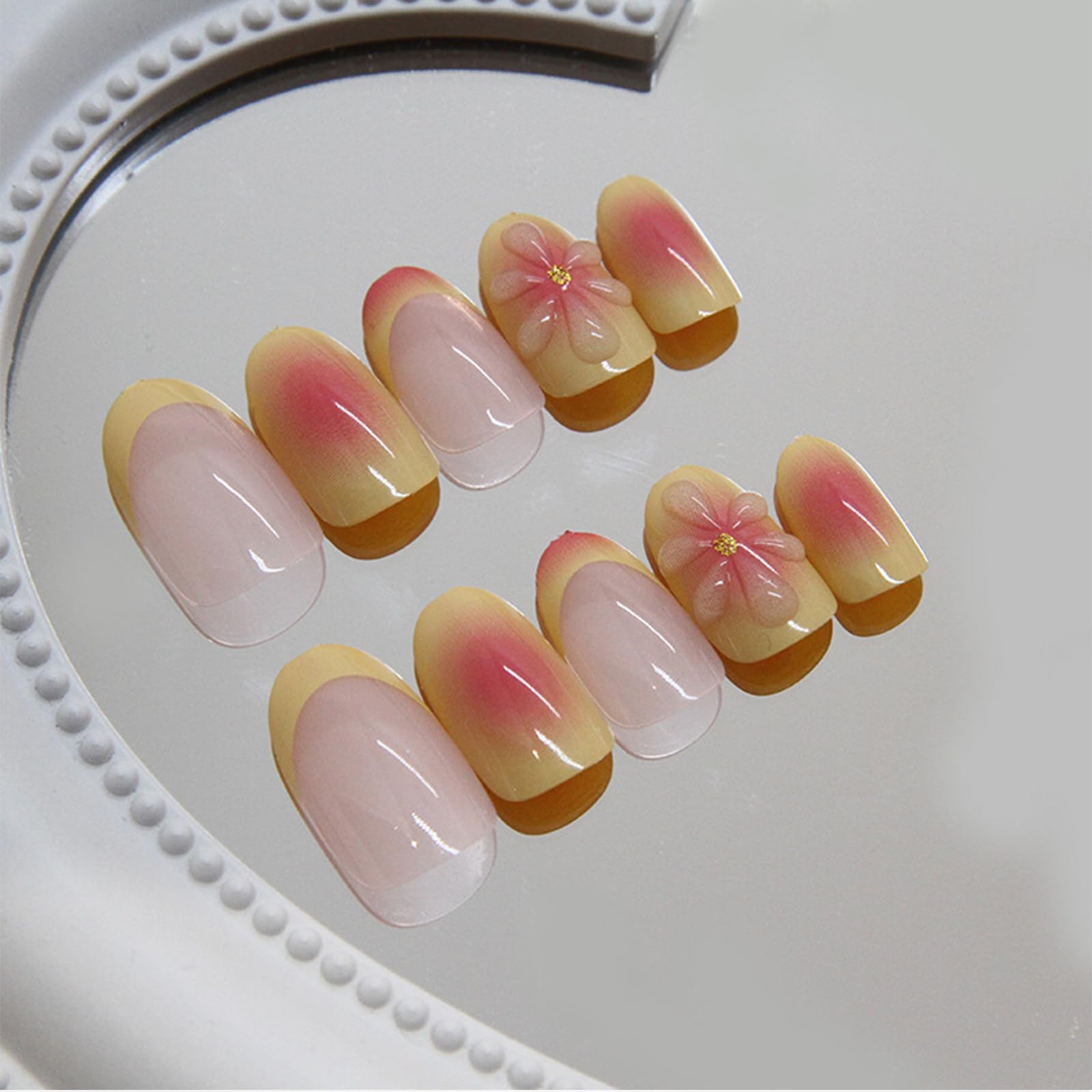 GlamRays Press on Nails Krótkie Migdałowe Francuski Tip Sztuczne paznokcie z wzorem 3D Kwiat Żółty i Różowy Przyklej na paznokcie Błyszczące Naklejane paznokcie Akrylowe 24 szt