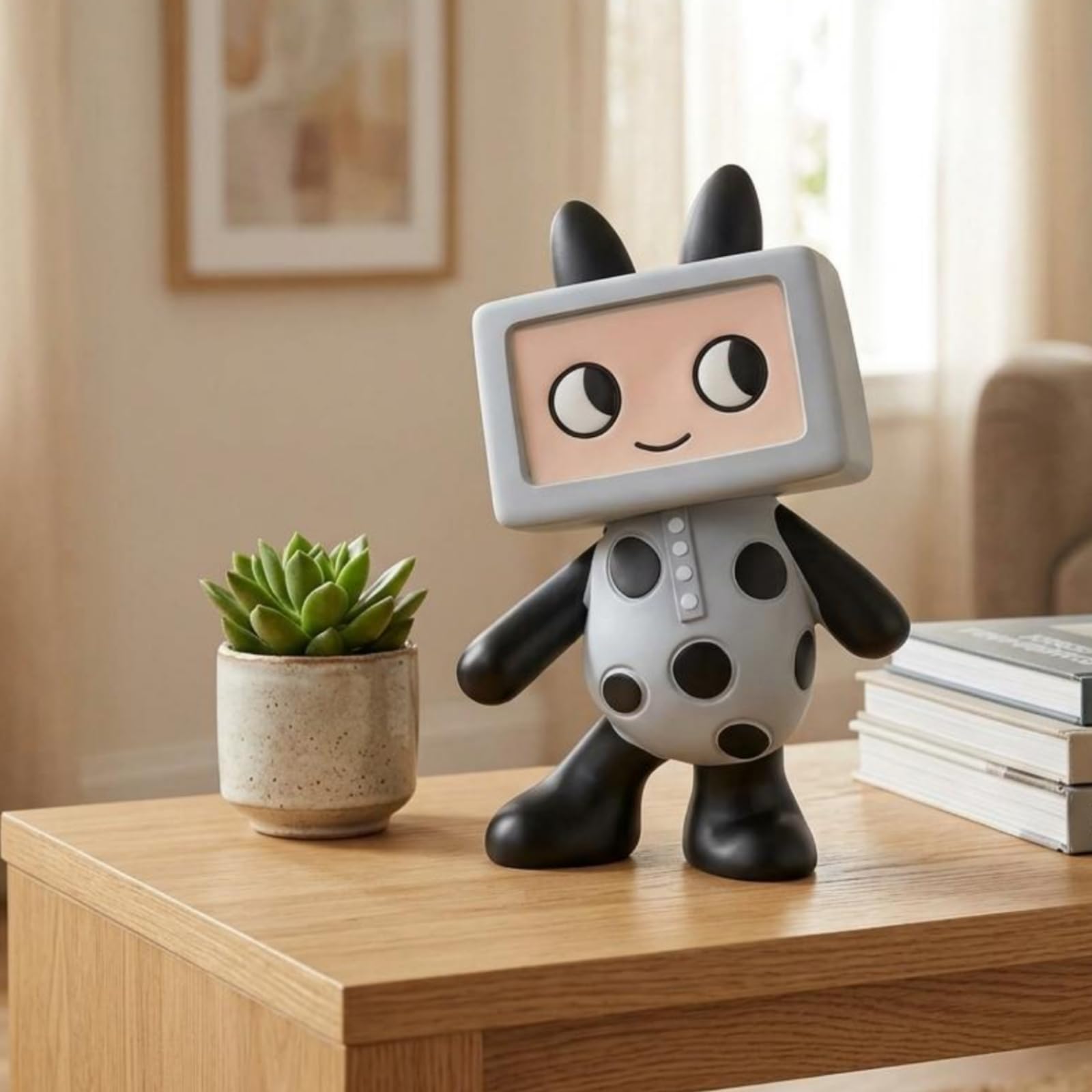 Figurina Televisiva Stile Cartoon Statuetta in Resina Puntolini Neri Statua Decorativa da Scrivania per Soggiorno