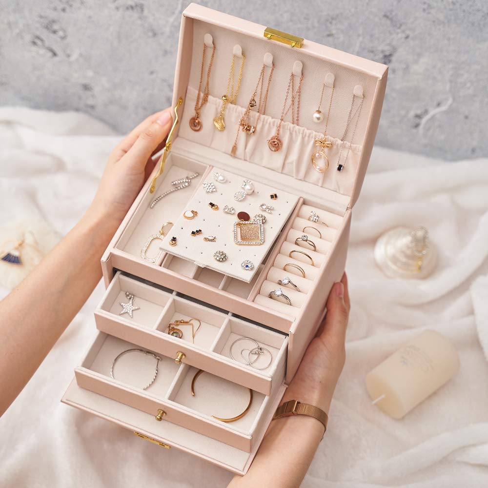 Boîte à Bijoux, Rangement Bijoux Verrouillable, Coffret Bijoux Femme avec 2 Tiroirs et 3 Couches, Rangement pour Montre, Collier, Bague, Bracelet, Idée Cadeau (Rose Grande Taille)