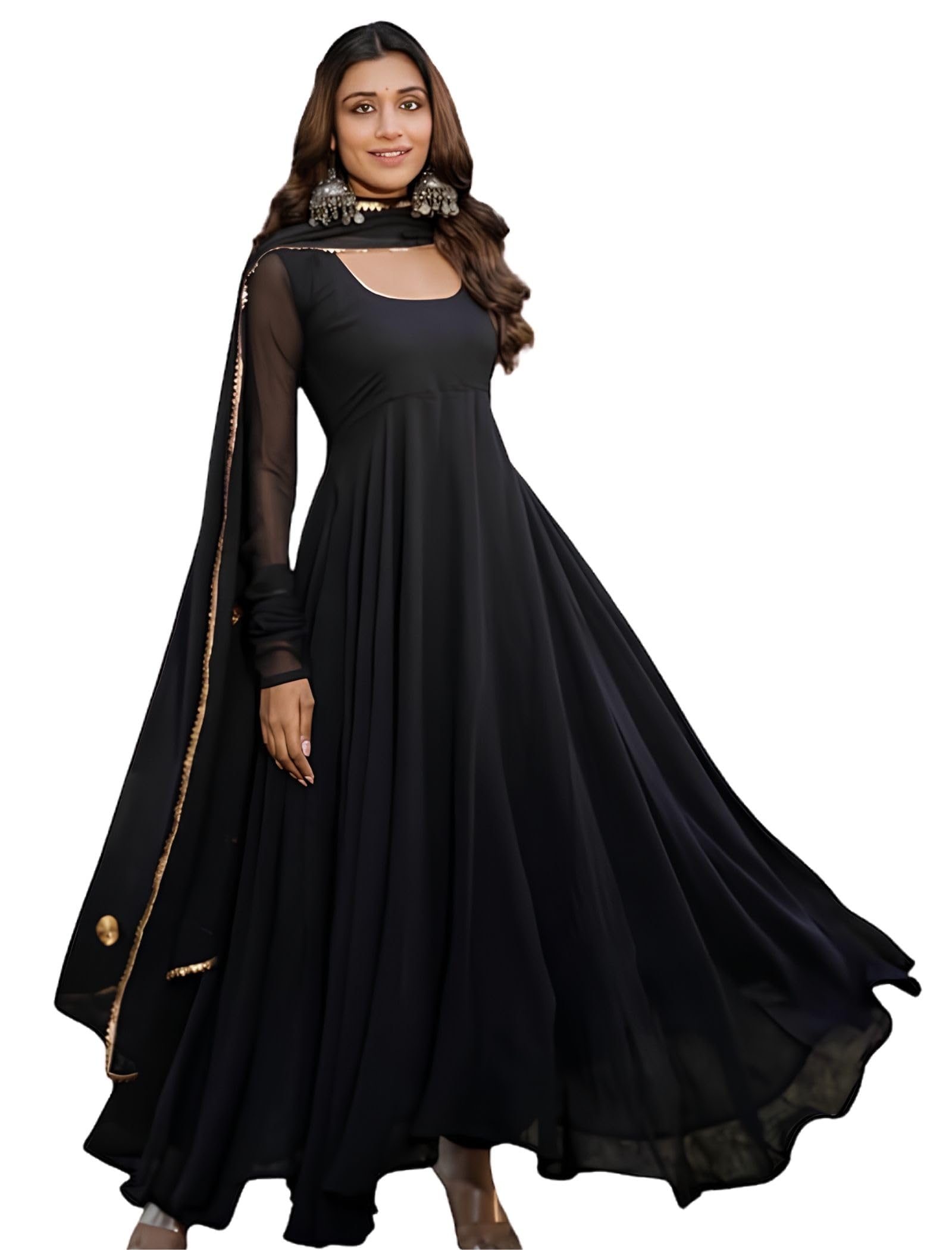 Women Black Solid Lace Work Anarkali Kurta And Dupatta Set-image-26