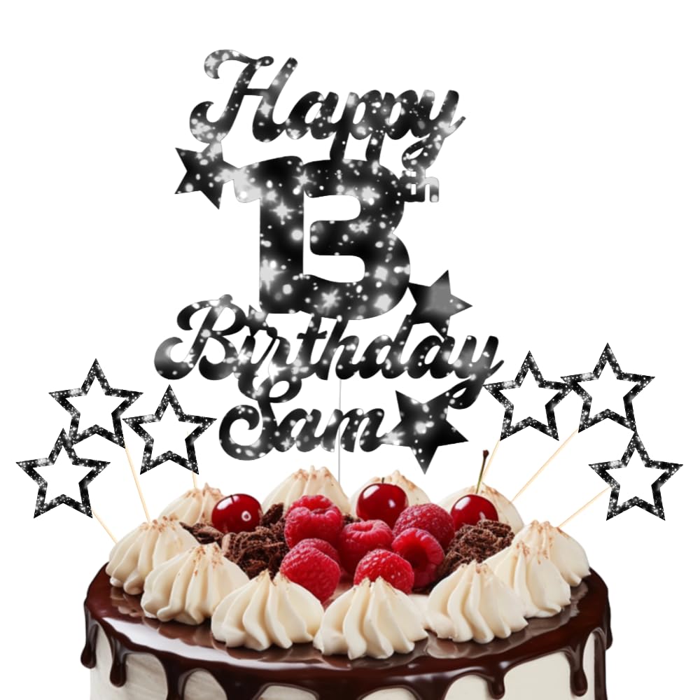 Personalised Happy Birthday Cake Topper Customised with Any Age Name Party Cake Decoration 16 18 21 40 60 Glitter Card Rose Gold, 12 Colours (Black)
