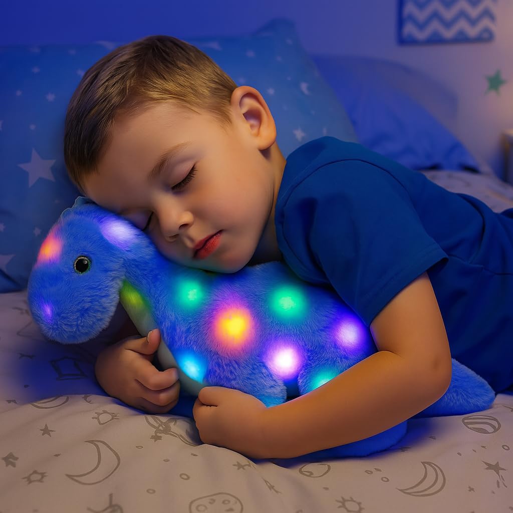 Hopearl Luce di dinosauro farcito musicale a LED sul canto Diplodocus morbido peluche con collo lungo volume regolabile regali animati per bambini piccoli, blu, 40,6 cm