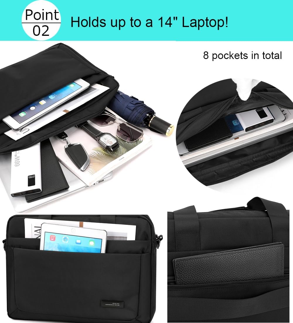 zhongningyifeng Laptop Bag 14 Inch Briefcase for Men Women Waterproof Nylon Lightweight, Shoulder Computer Messenger Bag for Business Office Work Travel College Black - Image 3