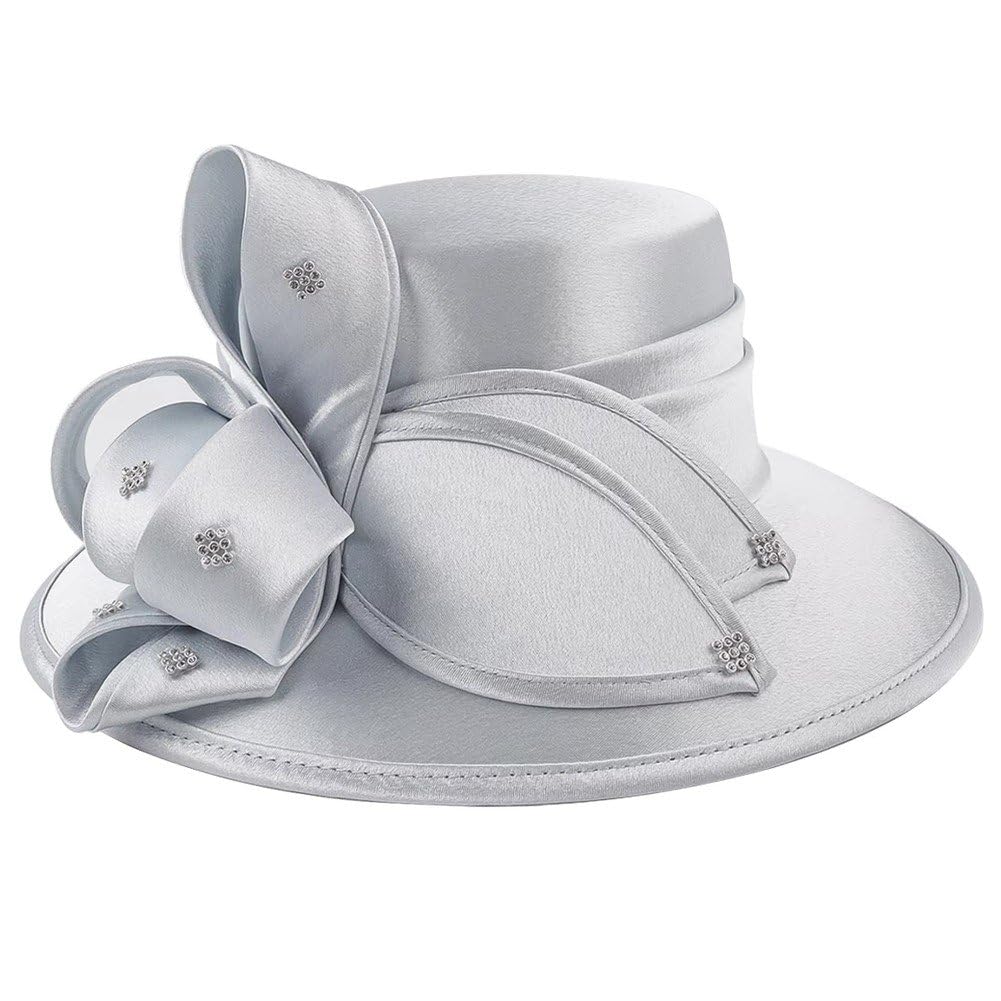 Sanfly Women's Silver Satin Cloth Church Hat Wide Brim Hat Elegant Wedding Photography Hat Banquet Fancy Fascinator Formal Hat