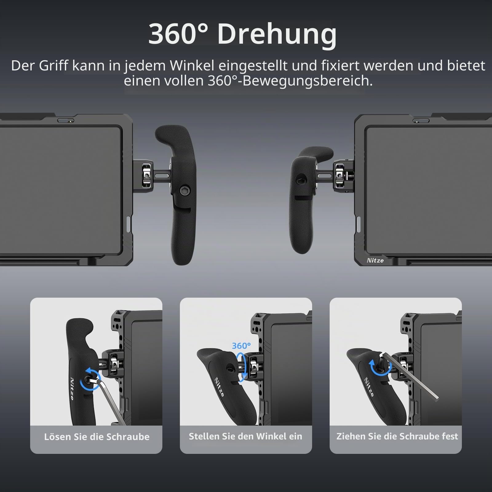 Nitze PA32D Seitengriff-Kit mit 1/4"-Schraube und abnehmbaren Positionierstiften, 360° verstellbare Griffe für Smartphone/iPad/Monitor/Kamerakäfige