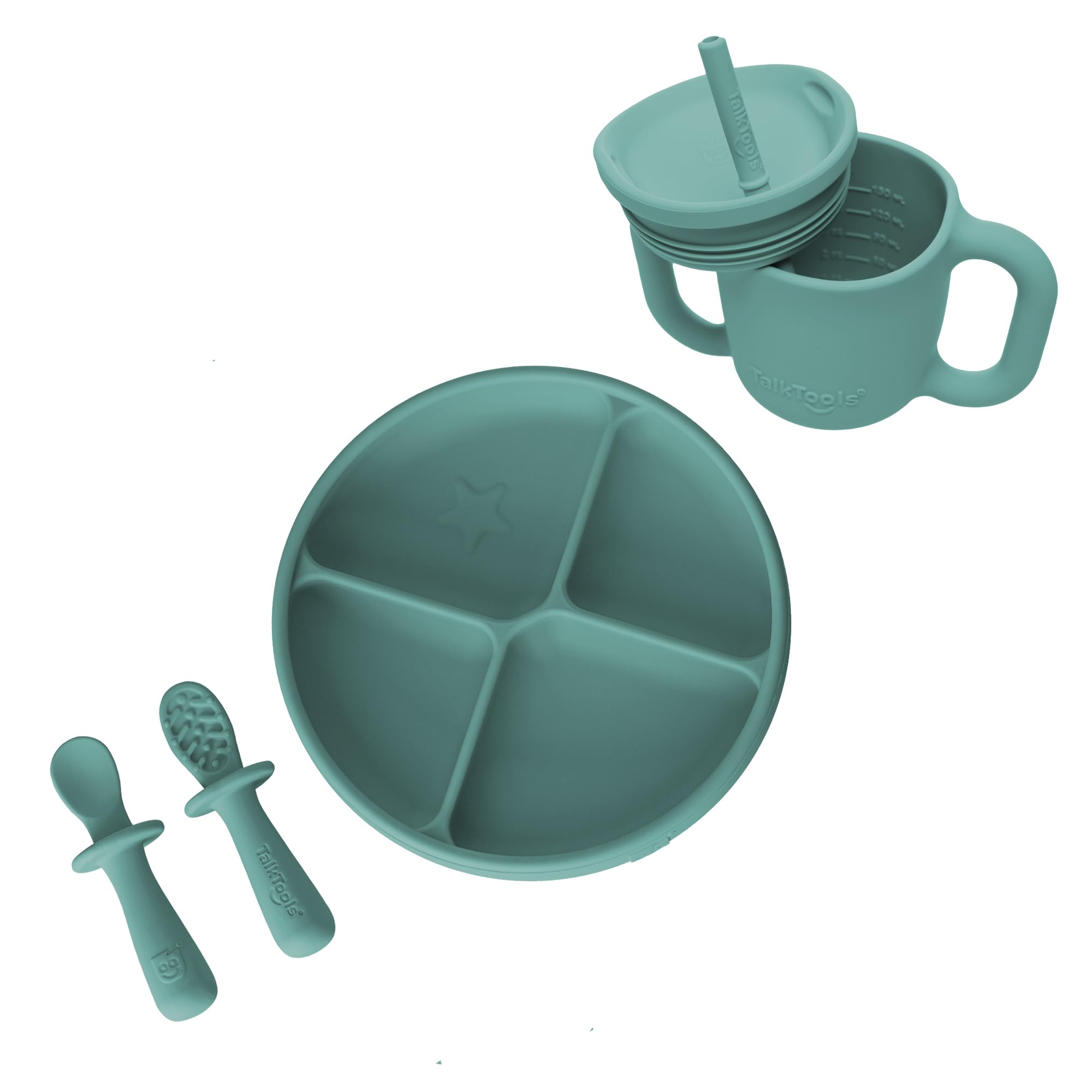 TalkTools ITSY Baby Utensil Set – Silicone Training Cup, Plate and Twin Spoon Pack for Toddlers| Infant First Food Self Feeding Silicone Training Set (Sage)
