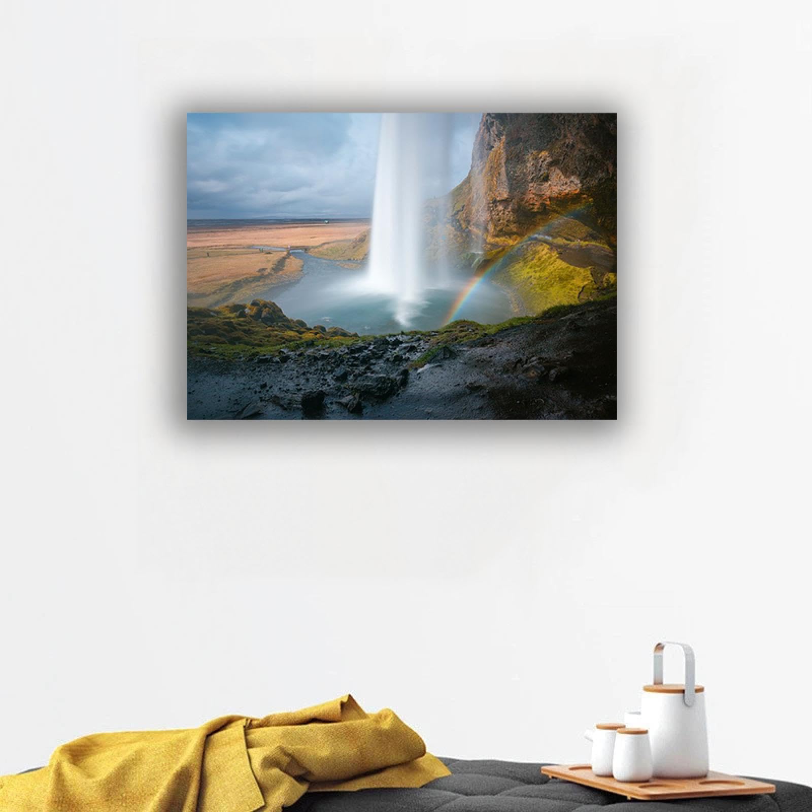 OUTFYT Cascada de arco iris al aire libre sobre montañas rocosas Imágenes de paisajes Imágenes panorámicas sobre lienzo Naturaleza Arte moderno Lienzo Arte de pared para oficina 80x112 cm enmarcado