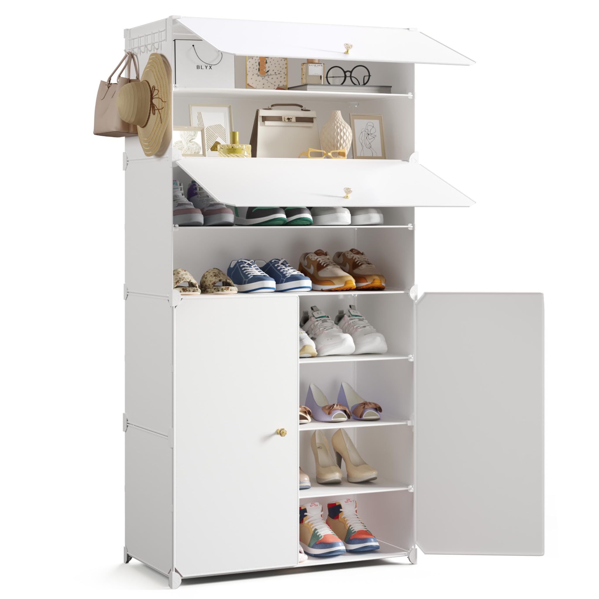 Mondeer Étagère à Chaussures 8 Niveaux, Étagère de Rangement Modulable avec Porte en Plastique, pour Couloir Chambre Salon, 30 x 60 x 138 cm (Blanc)
