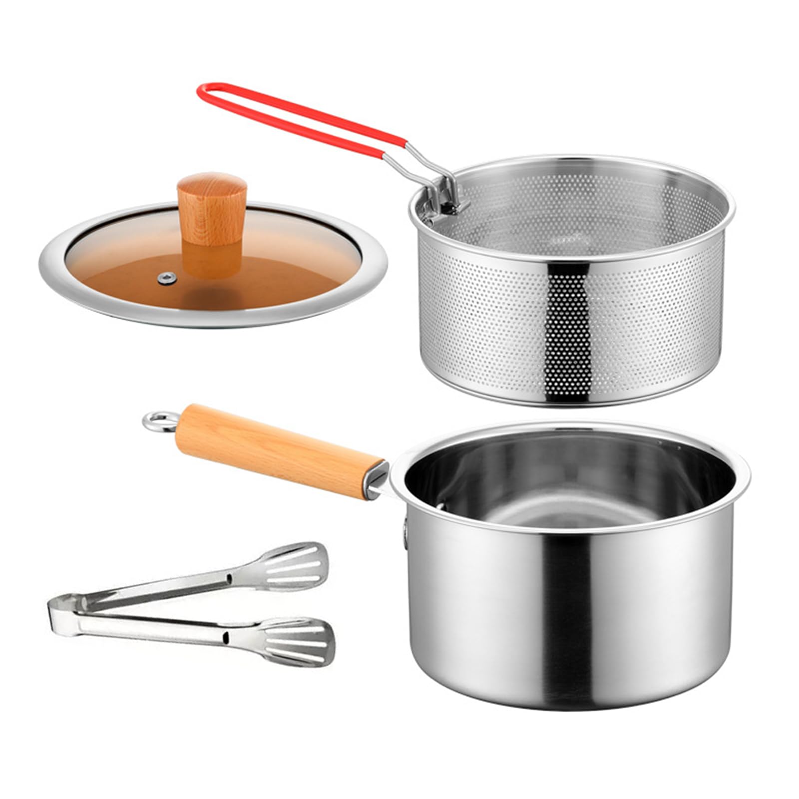 Tsophreniq Efficient Deeply Fryers Set with Lid Frying Strainer Basket Cooking Tongs Wood Handle Household Cooking Tool Strainer Basket Set