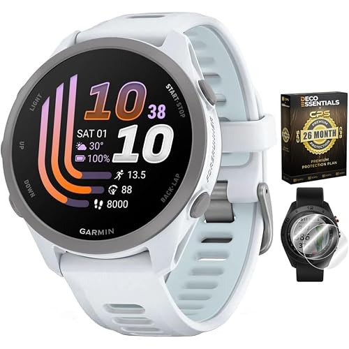Garmin Forerunner 170, 1.2" AMOLED GPS Running Watch, Pay, 10-Day Battery, Whitestone/Cloud Blue, 010-03920-01 w/Deco Essentials 26-Month CPS Protection & 2-Pack Screen Protector