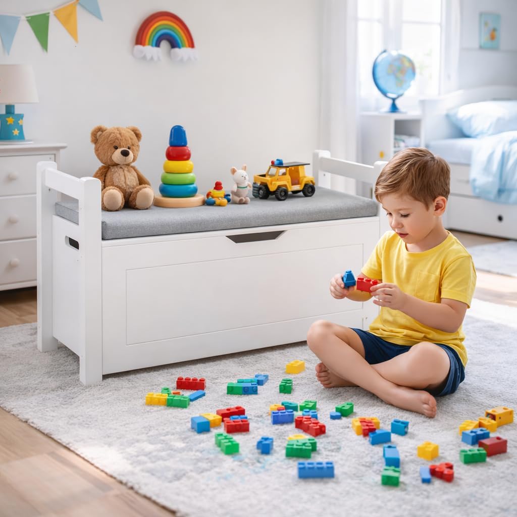 FurnitureR Kids Toy Box Chest with Cushion Seat, White Wooden Storage Bench for Playroom & Nursery, Large Toy Storage Organizer Trunk with Safety Hinge & Flip-Top Lid, 35" W