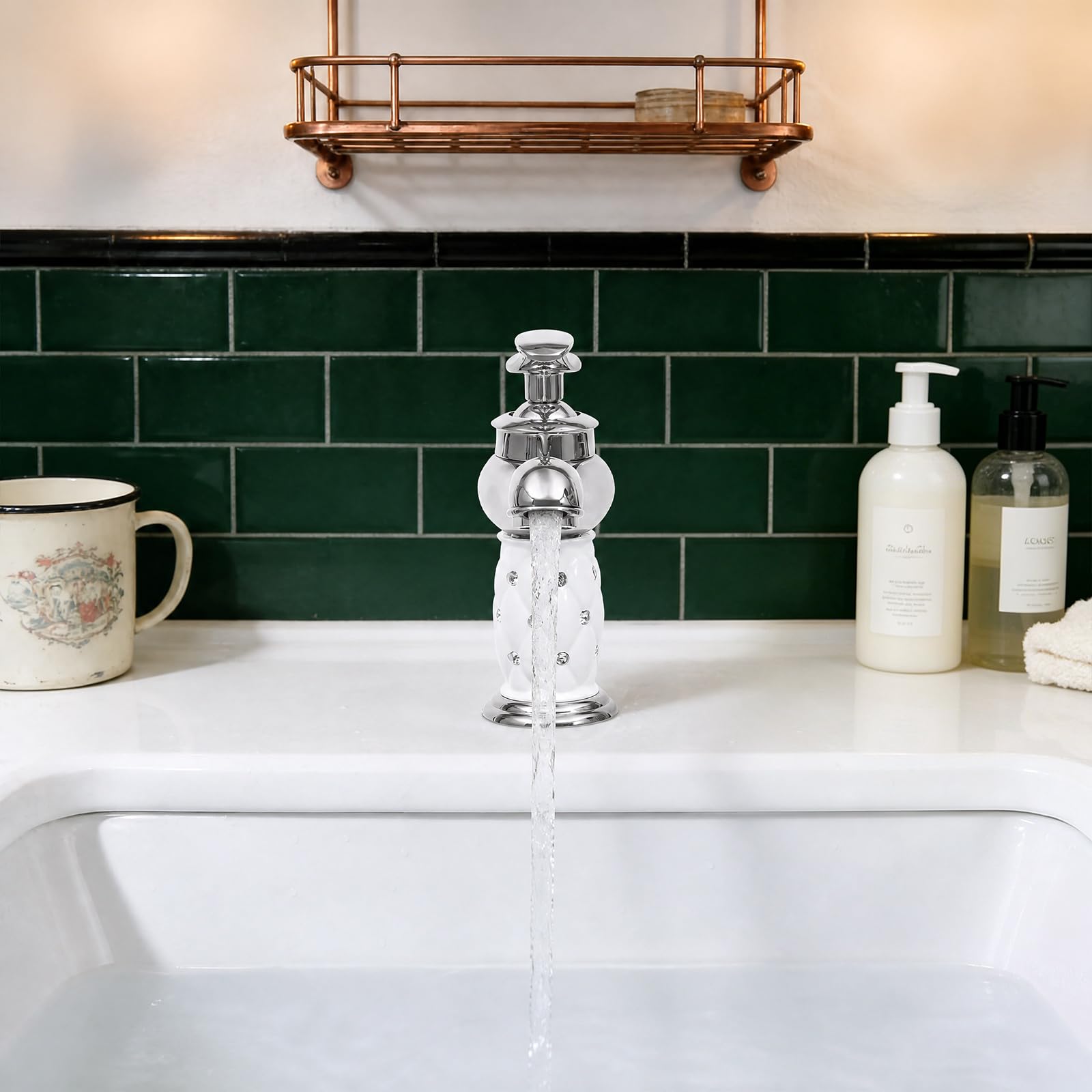 Kran do łazienki, retro, srebrny z białymi kamieniami, mosiądz, chrom, elegancki kran łazienkowy, umywalka, bateria ceramiczna
