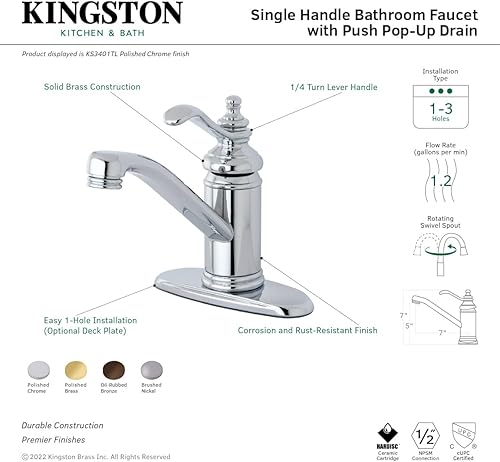 Miniatura 7 de Kingston Brass KS3401TL Templeton - Grifo de lavabo central de un solo mango de 4 pulgadas con drenaje push-up, cromo pulido