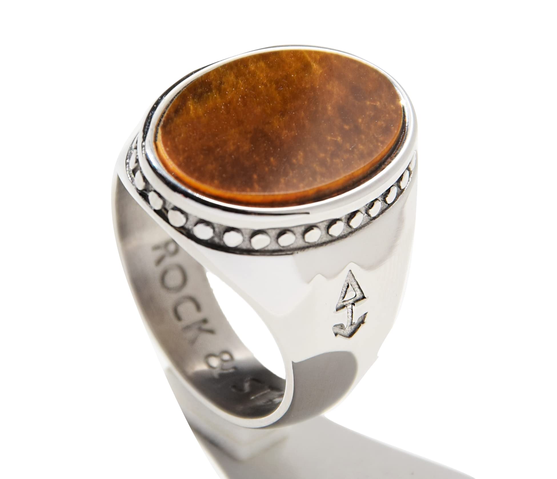 ROCK & STEEL GERMANY Rock and Steel - Anillo para hombre con sello ovalado, piedra de ojo de tigre, acero inoxidable, color plateado